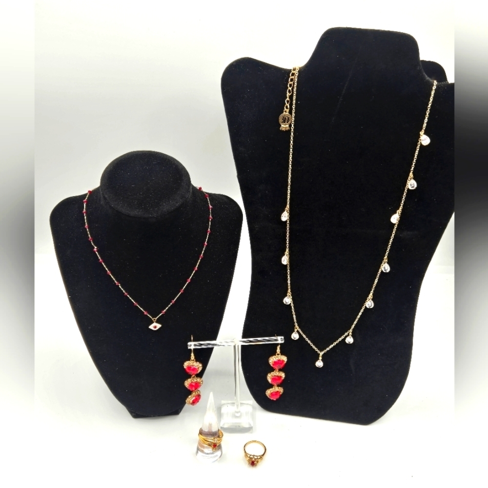Jewelry Lot Red & Gold Faux Gemstones Heart Earrings NWT Necklace